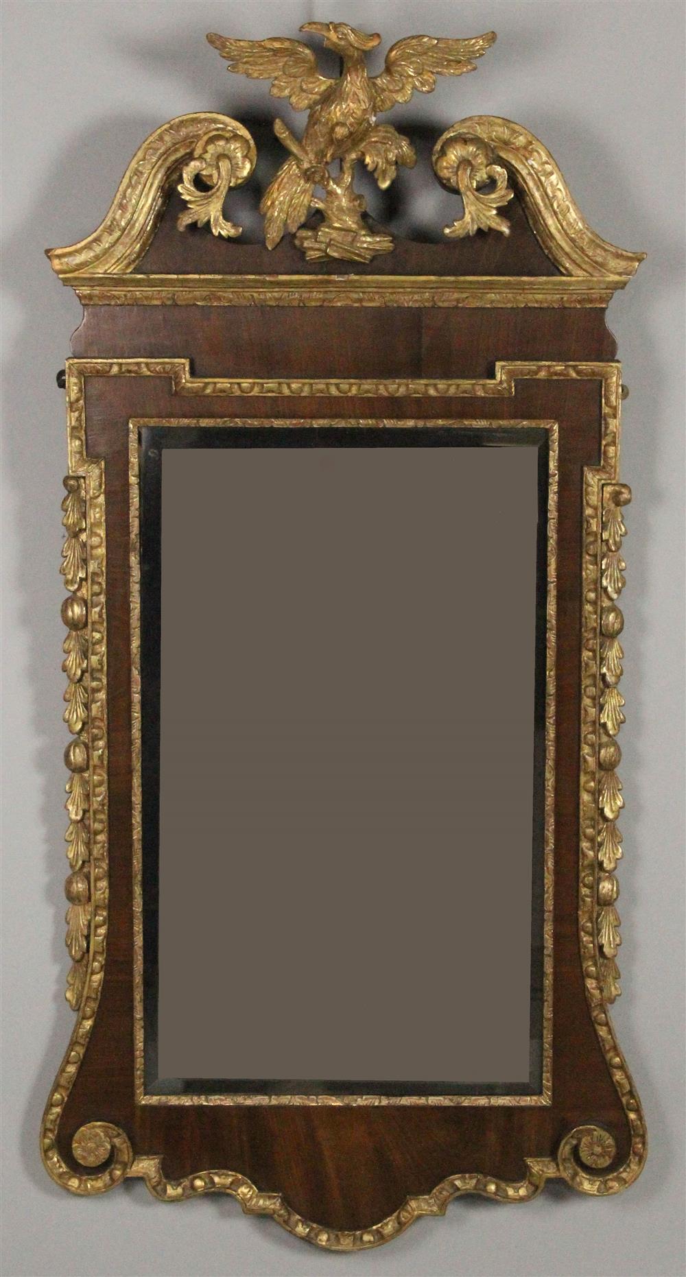 Appraisal: GEORGE II STYLE MAHOGANY AND PARCEL GILT LOOKING GLASS the