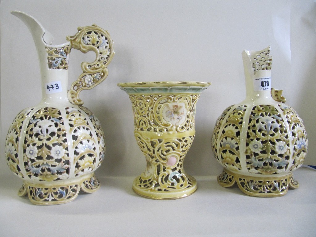 Appraisal: Pair of Zolnay jugs and a vase def