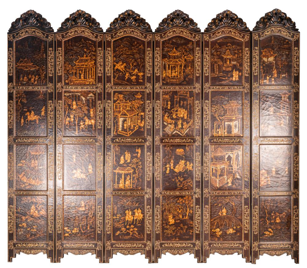 Appraisal: MAITLAND-SMITH CHINOISERIE SIX PANEL SCREENcarved and gilt-decorated on black ground