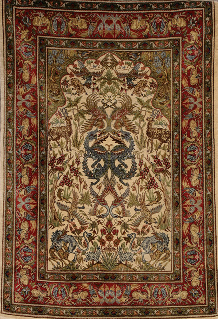 Appraisal: Qum Silk Meditation Rug Post Beige ground with dragons animals