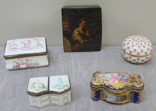 Appraisal: Antique Boxes Lot Includes two antique enameled battersea boxes a