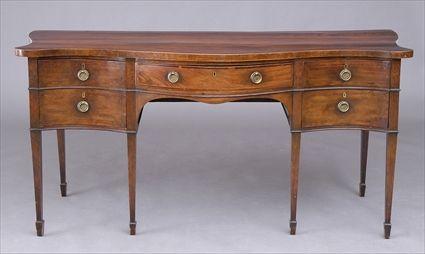 Appraisal: GEORGE III INLAID MAHOGANY SERPENTINE-FRONTED SIDEBOARD The narrow cross-banded and