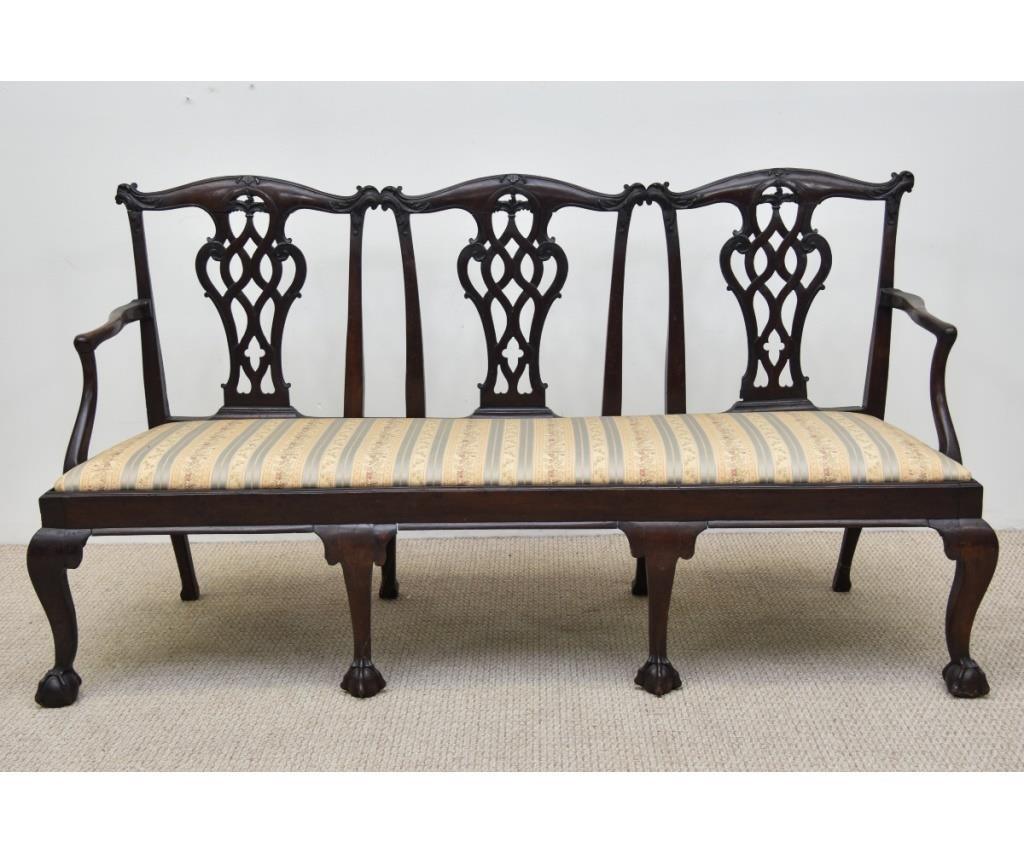 Appraisal: Carved mahogany Chippendale triple back English settee with pierced gothic