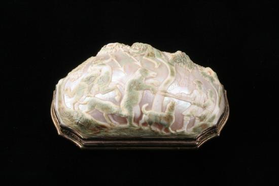 Appraisal: FRENCH VERMEIL-MOUNTED CARVED SHELL BOX Circa Depicting hunting scenes in