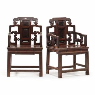 Appraisal: Pair of Chinese Hall Chair th century each with scroll