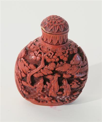 Appraisal: Chinese cinnabar lacquer snuff bottleWell and deeply carved bottle depicts