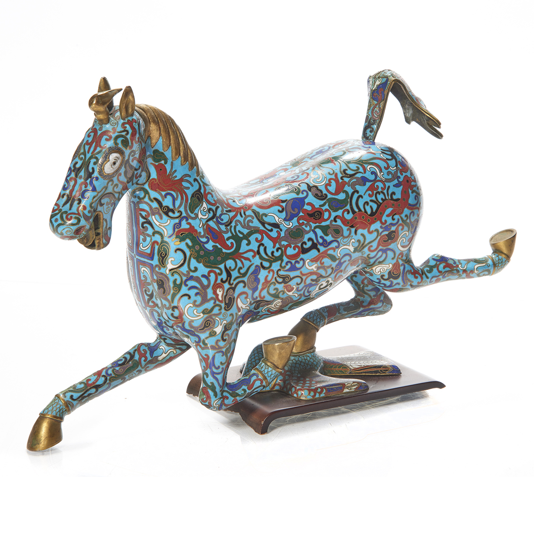 Appraisal: CHINESE CLOISONNE ENAMEL HORSE ON A SWALLOW Chinese cloisonne enamel