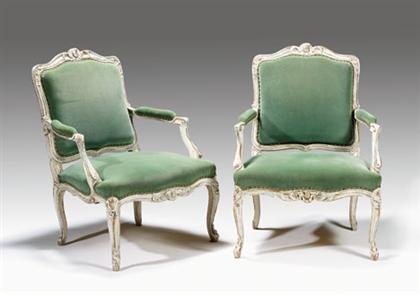 Appraisal: Pair of Louis XV style fauteuils en cabriolet Each with