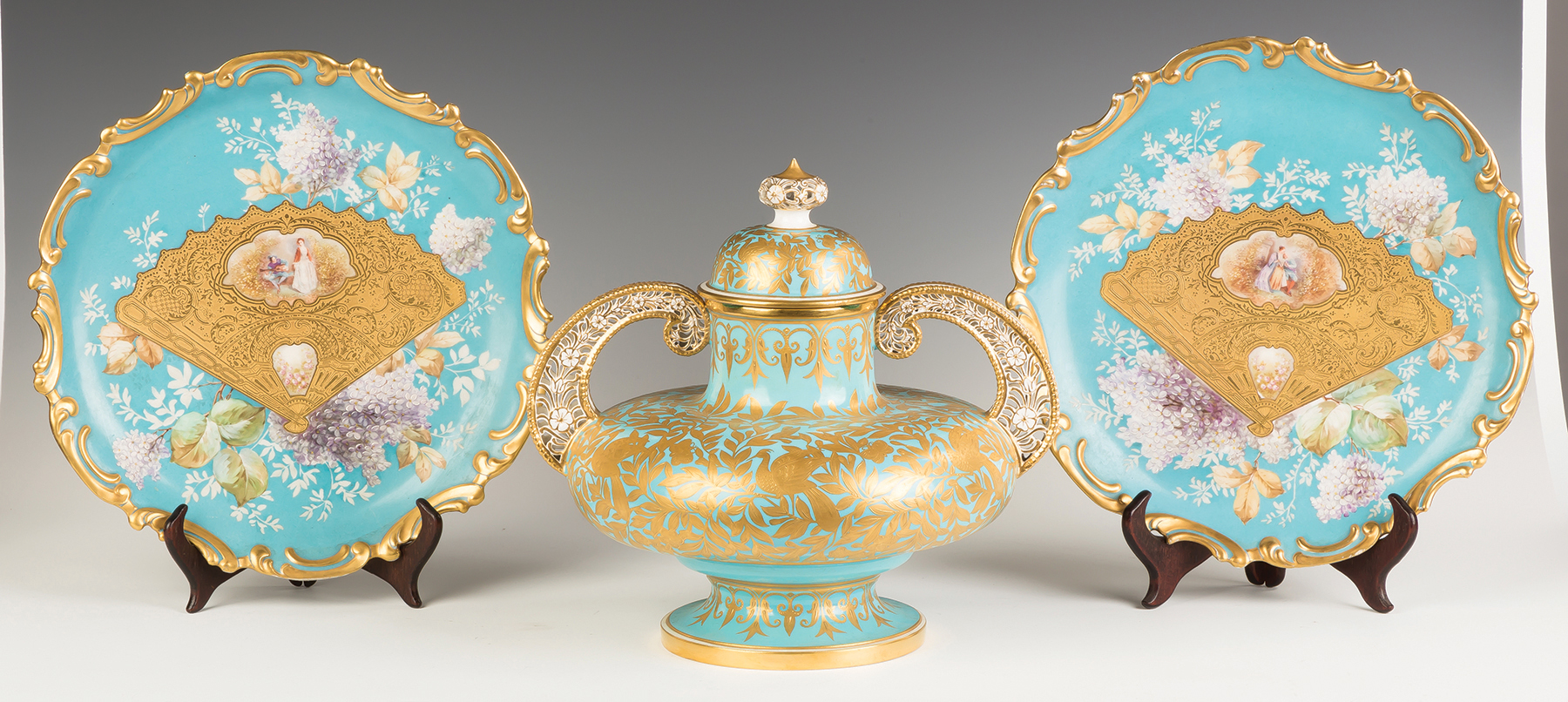 Appraisal: Royal Crown Derby Turquoise Urn Reticulated handles and enameled work