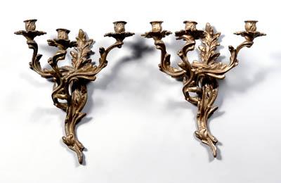 Appraisal: Pair rococo style brass sconces each with three cups -