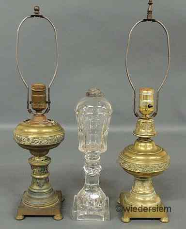 Appraisal: Two brass table lamps as found and a clear glass