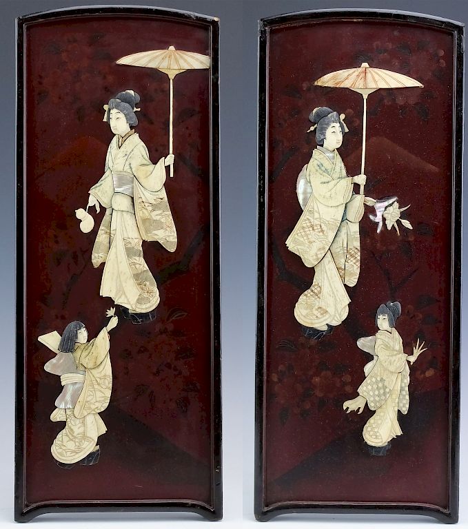 Appraisal: Japanese Mother of Pearl Inlay Wood Plaque FINE Japanese lacquer