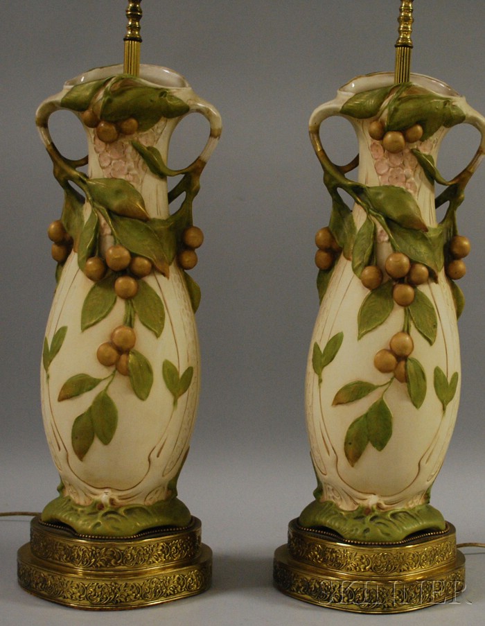 Appraisal: Pair of Bohemian Art Nouveau Ceramic Vase Table Lamps approx