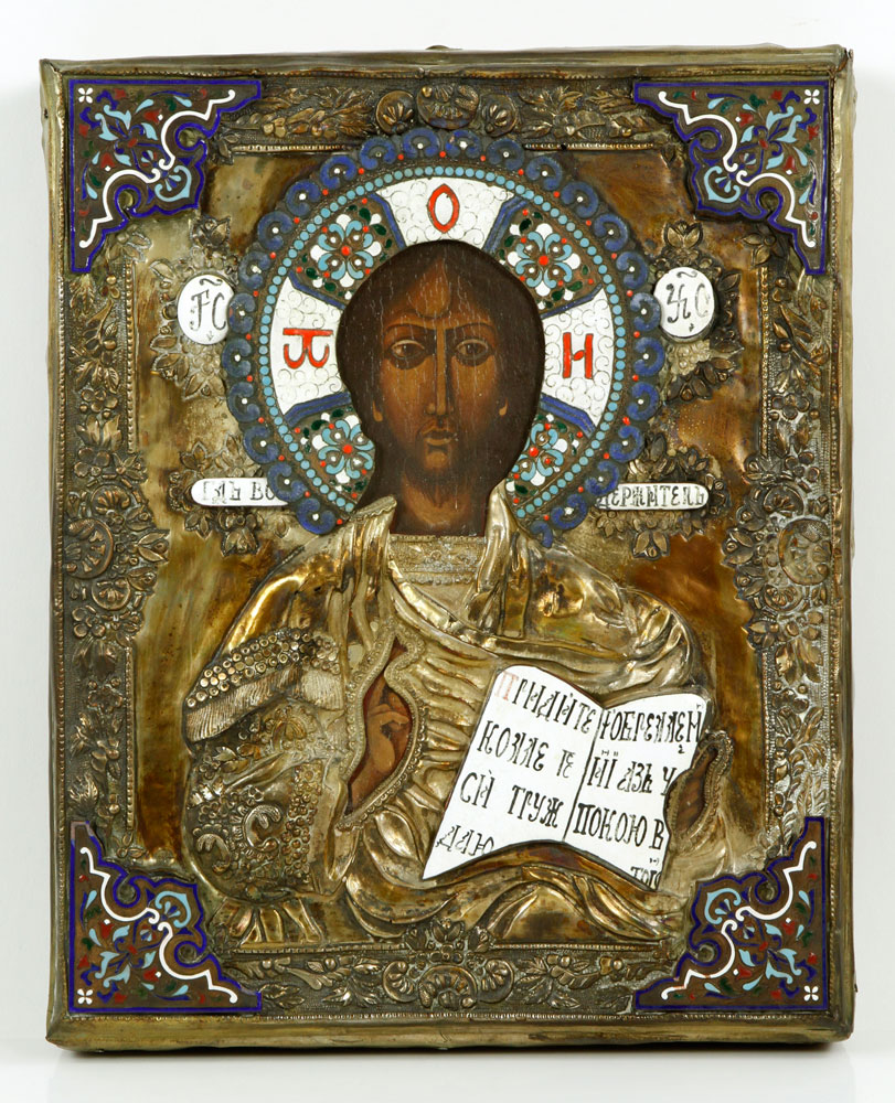 Appraisal: - Russian Painted Icon Russian icon painted and enameled silver