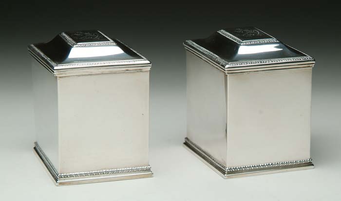 Appraisal: PAIR OF EARLY GEORGE III SILVER ARMORIAL TEA CADDIES William