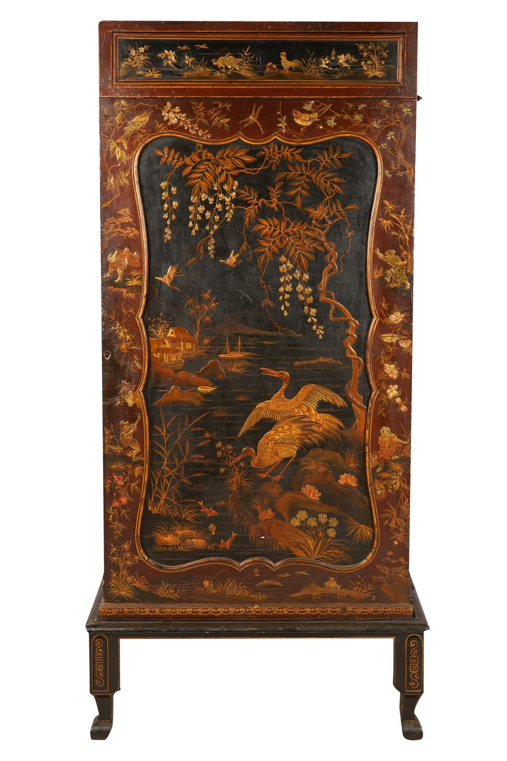 Appraisal: CHINOISERIE LACQUERED CHEST ON STANDwith a drawer over a hinged