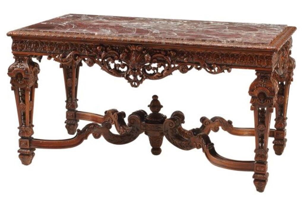 Appraisal: Regence style carved salon table with marble top approx h