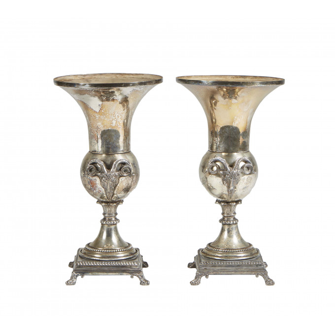 Appraisal: Pair of Louis XVI Style Silverplated Urn Garnitures th c