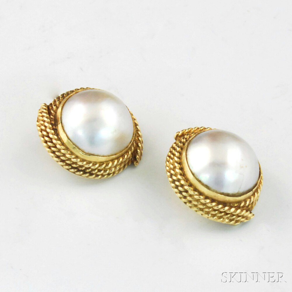 Appraisal: Pair of kt Gold and Mabe Pearl Earclips the domed