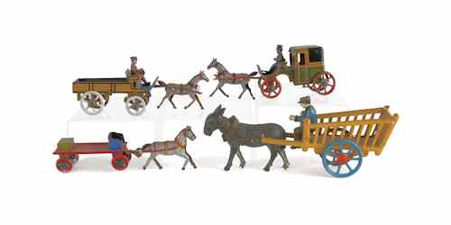 Appraisal: Four German tin lithograph horse drawn penny toys early th