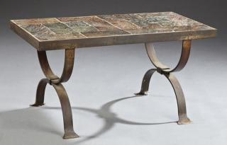 Appraisal: French Mid Century Iron Tile Top Coffee Table t French