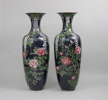 Appraisal: Pair of Monumental Cloisonne Vases Dark navy background features long