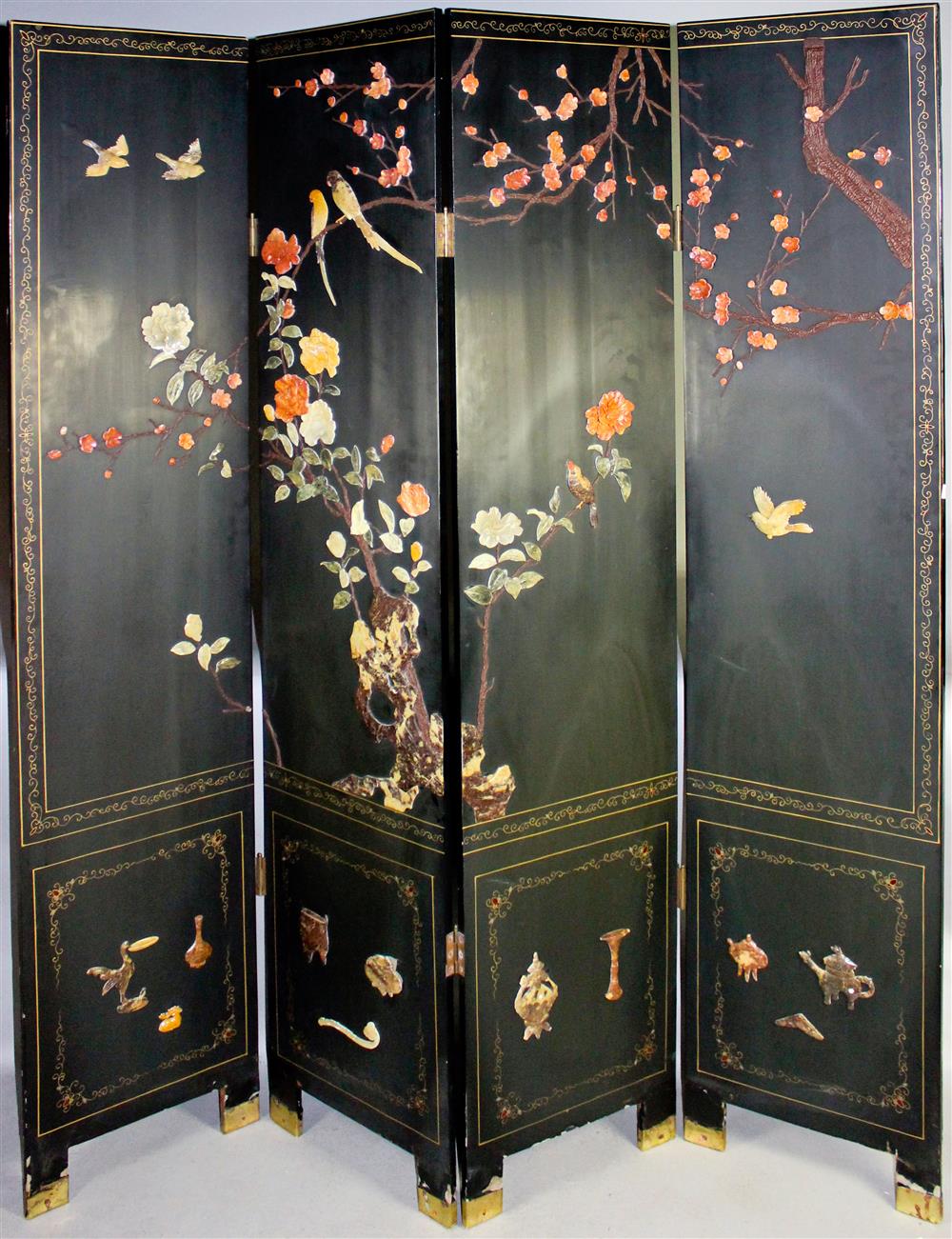 Appraisal: CHINESE HARDSTONE-INLAID FOUR PANEL SCREEN the tall black lacquer floor