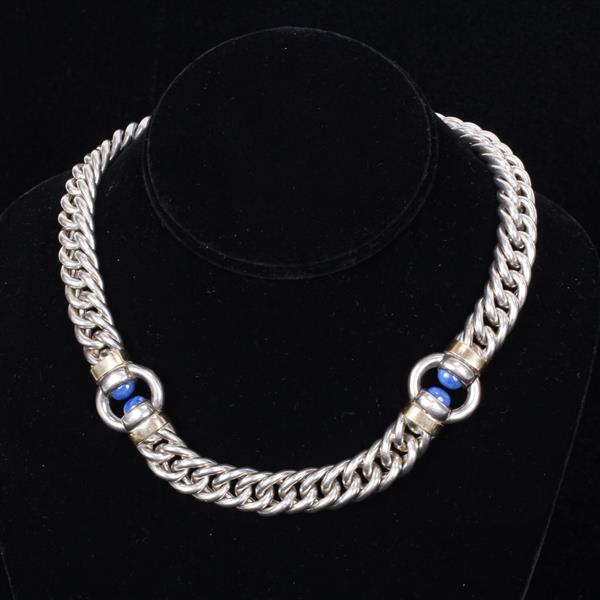 Appraisal: Vintage Gucci Sterling Silver Chunky Chain Necklace with Lapis Accents