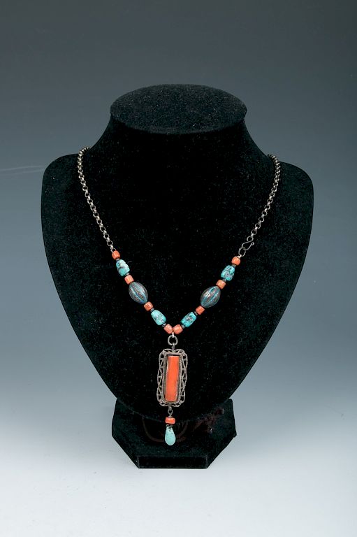 Appraisal: SILVER AND GEMSTONE NECKLACE Supporting a pendant with coral piece