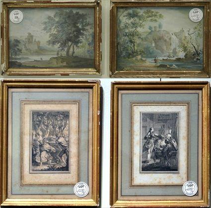 Appraisal: Pair of Watercolor Miniatures together with a Pair of Etchings