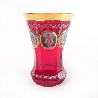 Appraisal: Bismarck Bohemian Ruby Glass Vase Enameled Bismarck Bohemian glass vase