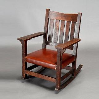 Appraisal: Gustav Stickley V-Back Rocker Leather Seat Length Depth inches Height