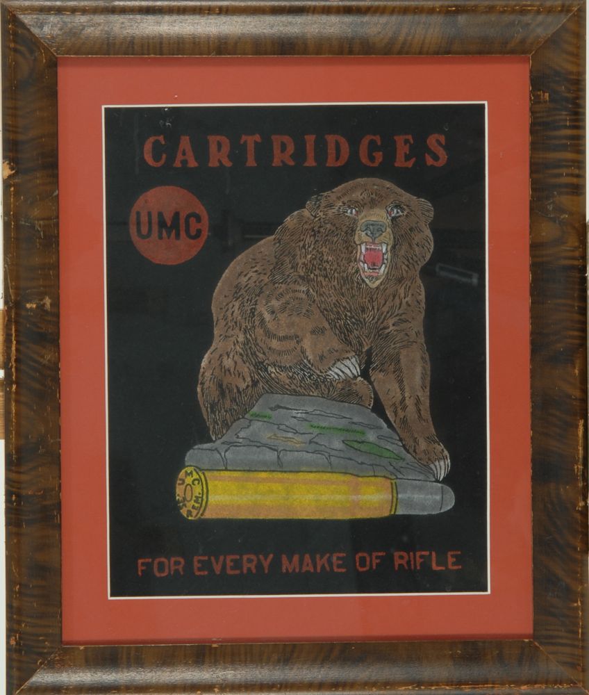 Appraisal: TWO FRAMED FELT ADVERTISING RUGS UMC Cartridge depicting a bear