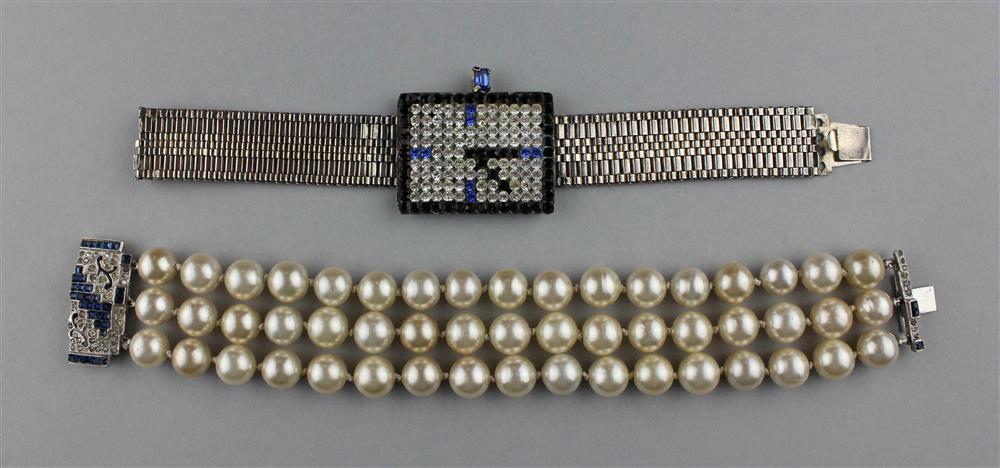 Appraisal: SONIA DE MARIA BRACELET AND AN UNSIGNED FAUX PEARL BRACELET