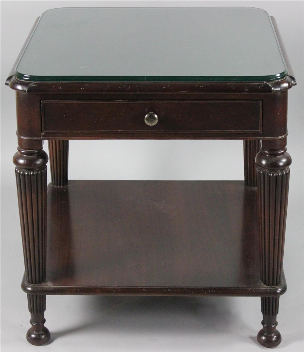 Appraisal: CLASSICAL STYLE MAHOGANY SIDE TABLE WITH GLASS TOP having a