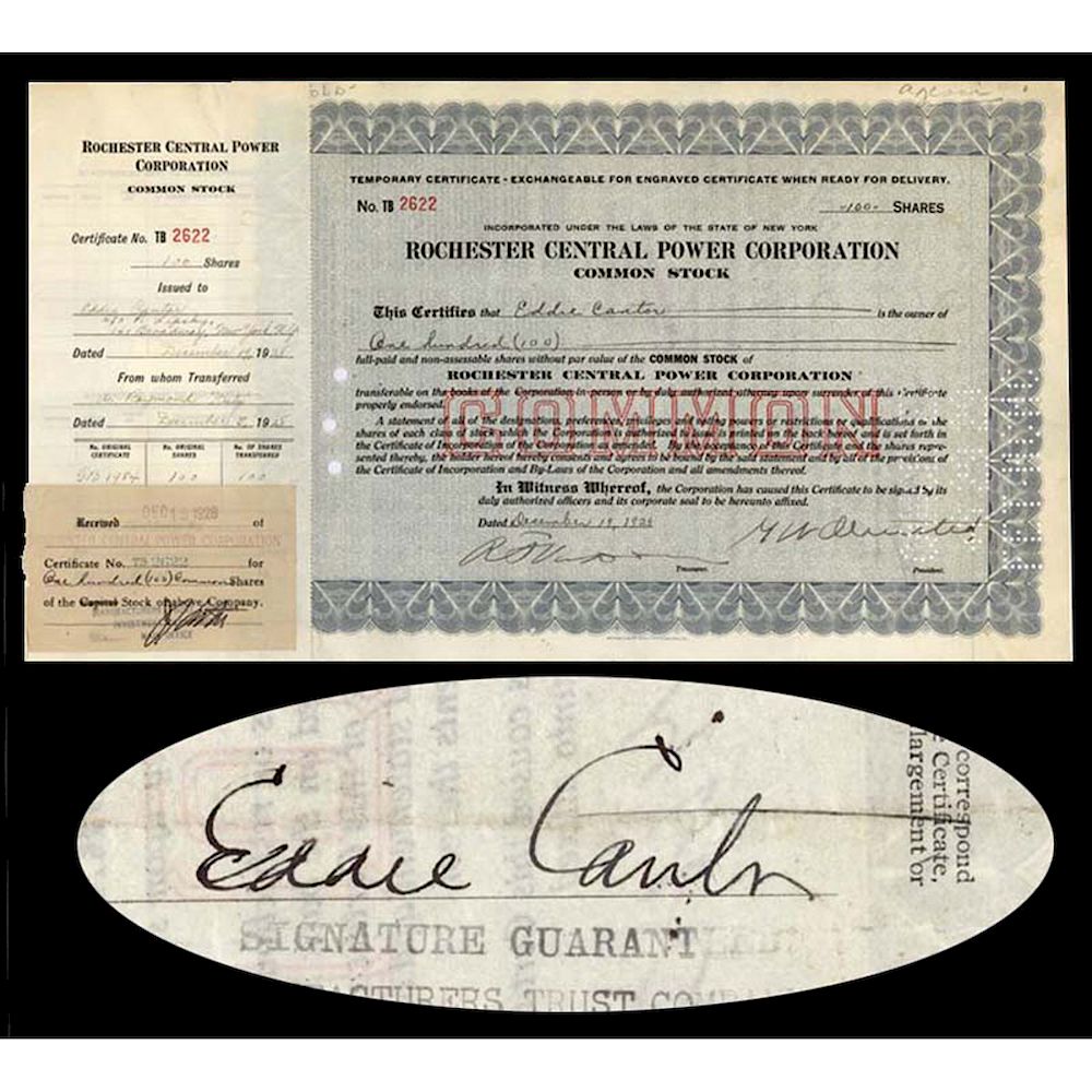 Appraisal: EDDIE CANTOR Signed Rochester Central Power Stock Black-face Film Star