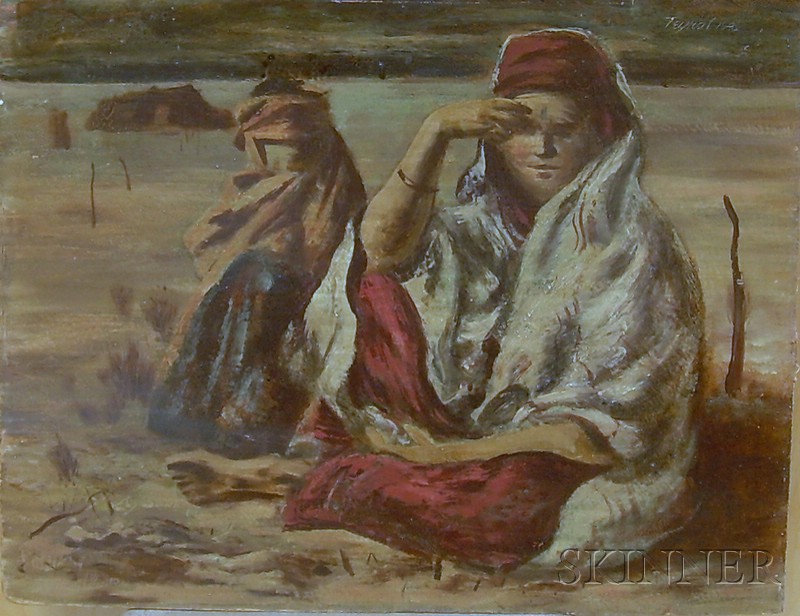 Appraisal: Unframed Oil on Board View with a Seated Figure by