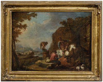 Appraisal: th century painting capriccio landscape with travelers at a fountain