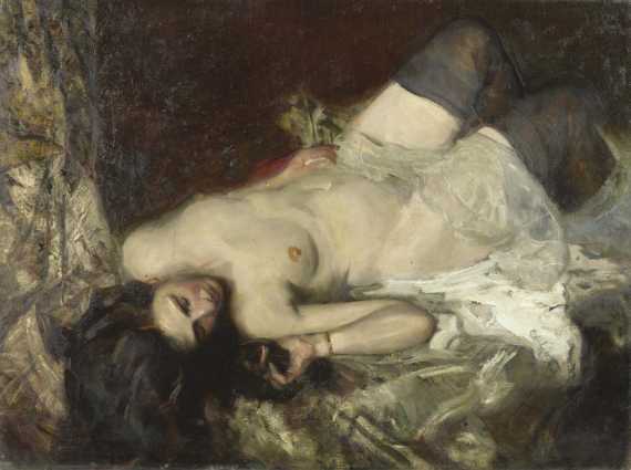 Appraisal: FRANCE TH CENTURY Reclining nude with stockings Oil on canvas