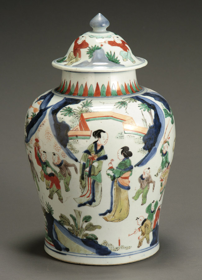 Appraisal: Chinese Wucai Wedding Jar and Cover Transitional Period Mid- th