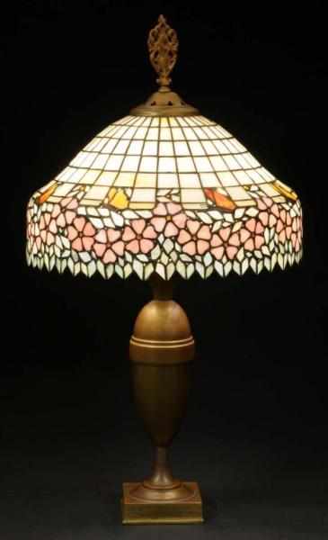 Appraisal: Victorian Leaded Glass Lamp with Butterflies Description Brass base Glass