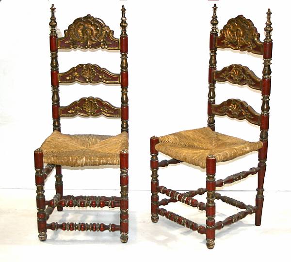 Appraisal: A pair of Spanish Colonial style painted parcel gilt ladderback