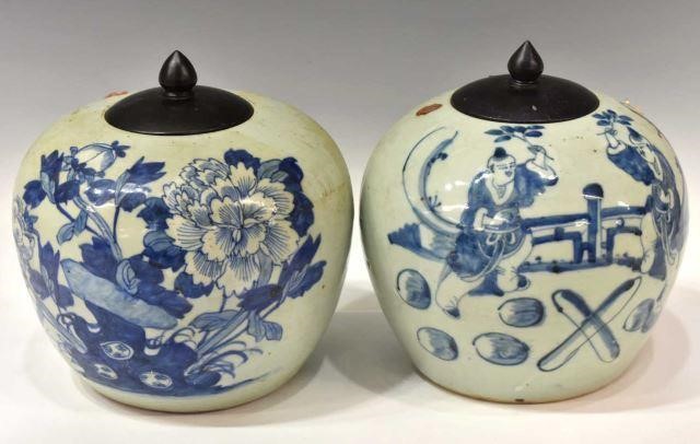 Appraisal: pair Chinese blue and white porcelain melon jars wooden lids