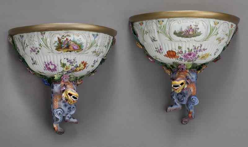 Appraisal: Pr Meissen style porcelain wall brackets with foodog supports and