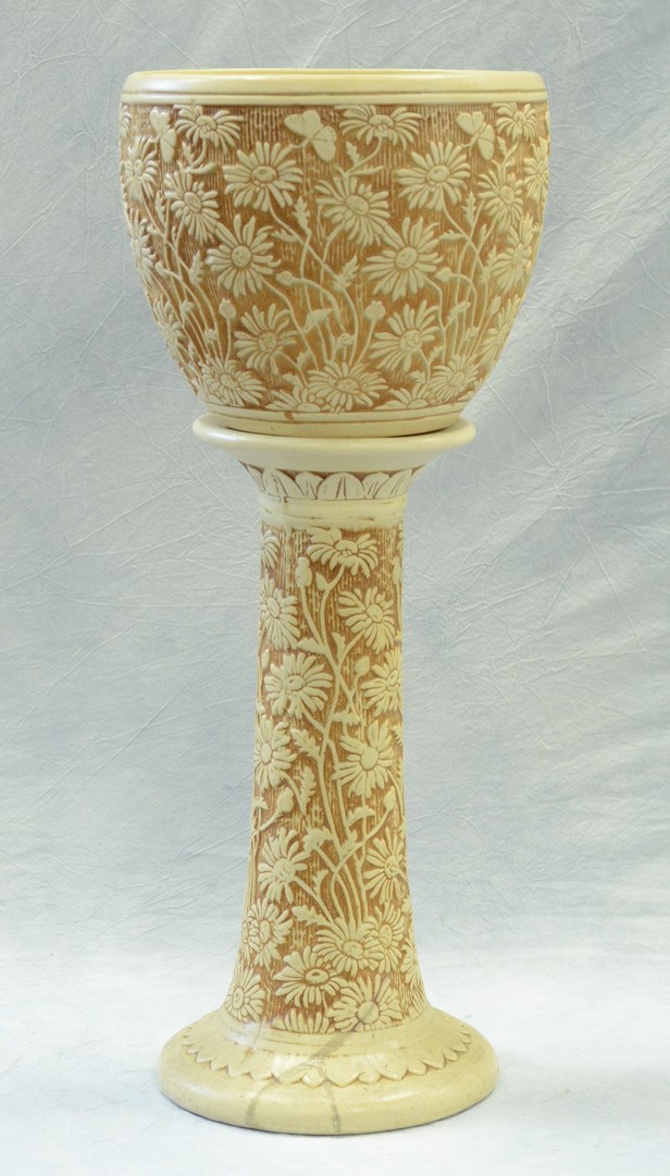 Appraisal: Weller Pottery Knifewood jardiniere and pedestal butterfly daisies design pot