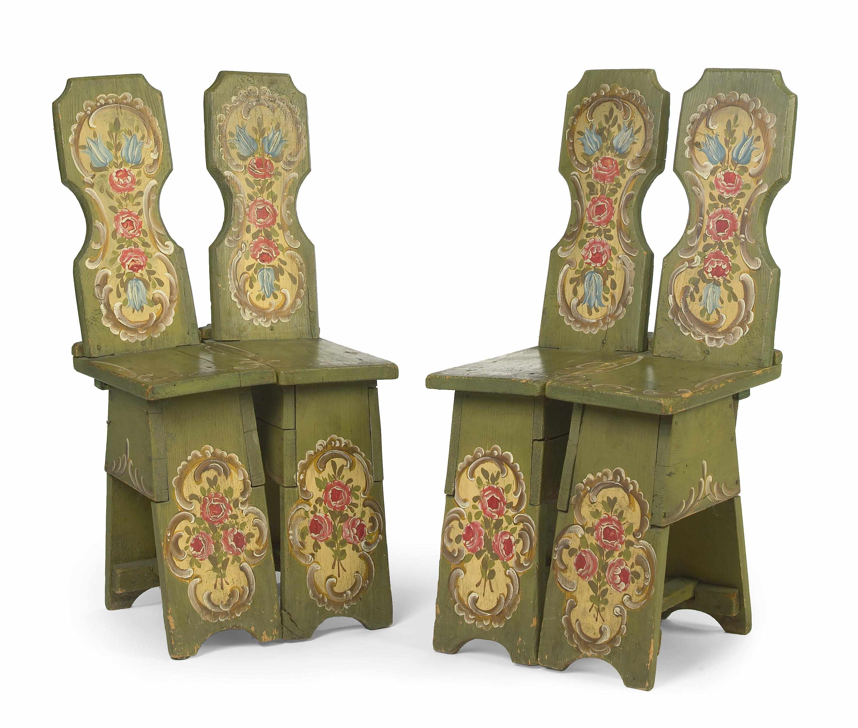 Appraisal: A pair of Tyrolean paint decorated twin chairs height in