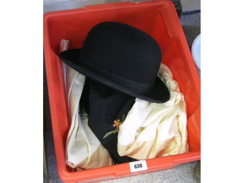 Appraisal: Lot comprising a bowler hat silk shawls etc