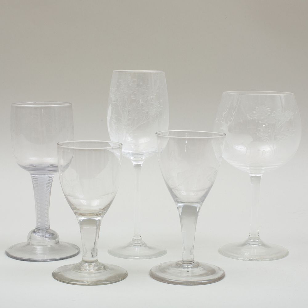 Appraisal: Group of Five Wine Glasses Three decorated with courting couples