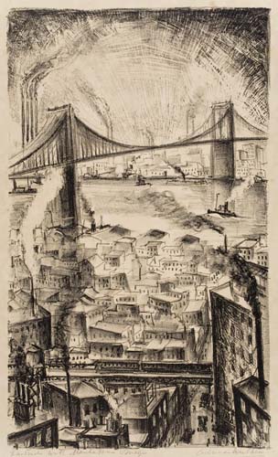 Appraisal: ADRIAAN LUBBERS Eastside with Manhattan Bridge Lithograph on cream wove