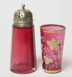 Appraisal: Cranberry Glass Crystal Sugar Shaker and Decorated Glass